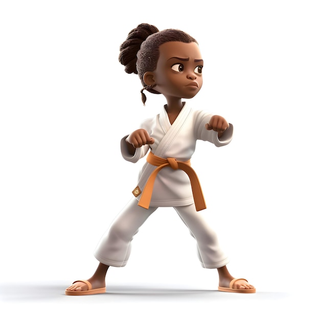 3D Illustration of a Little Karate Girl with Orange Belt