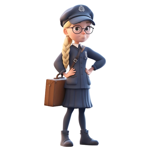 Photo 3d illustration of a little police girl with a briefcase