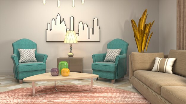 Photo 3d illustration of the living room interior