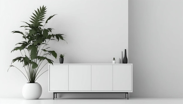 거실의 3D 삽화는 흰색 나무 테이블이 있는 흰색 벽에 있는 TV와 냄비에 있는 식물을 보여줍니다.