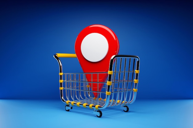 3d illustration location icon lies in a grocery cart the concept of finding a place and services in online stores marketing research