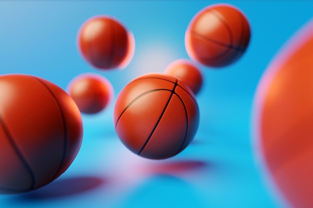 Illustrazione 3d molte palle da basket arancioni stanno volando su uno sfondo blu isolato