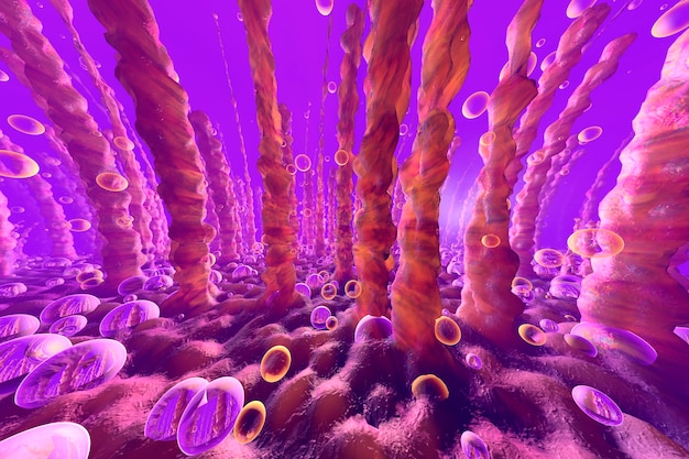 3d illustration of lung or liver cells with oxygen bubbles floating within