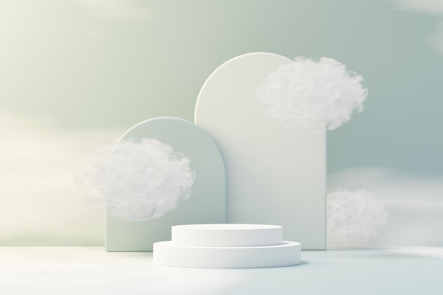 3d illustration luxury premium pedestal product display with abstract geometric shapes and fluffy cloud. Minimal blue sky and clouds scene for present product promotion and beauty cosmetics.