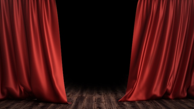 Foto progettazione della decorazione delle tende di velluto di seta rossa di lusso dell'illustrazione 3d, idee. red stage curtain per scenografie teatrali o liriche. mock-up per il tuo progetto