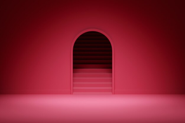 3d illustration of a magenta round arch at the back on a monocrome background A closeup of a round monocrome pedestal