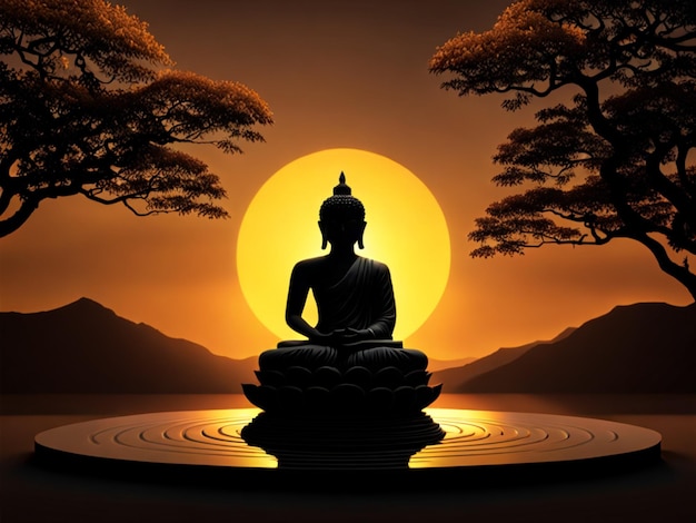 3D illustration for magha puja day with a silhouette of a buddha statue in meditation