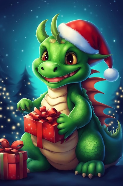 3D-иллюстрация волшебного милого зеленого дракона с рождественской шляпой