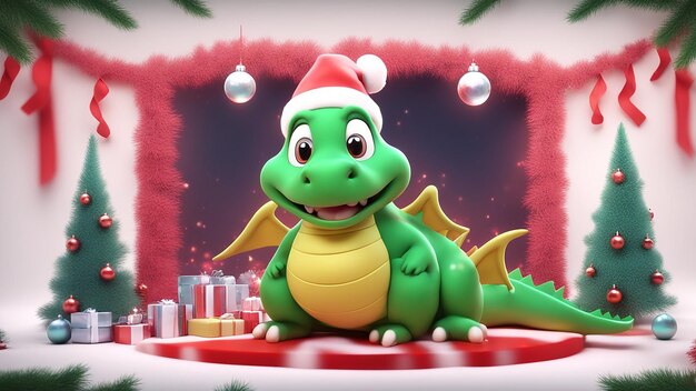 クリスマスハットの魔法の可愛い緑のドラゴンの3Dイラスト