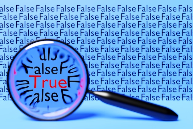 Photo 3d illustration of a magnifying glass with opposite words true and false on the background truth search concept