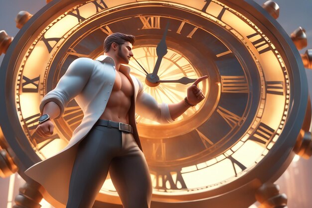 3d illustration of male character pose pointing to clock business man character