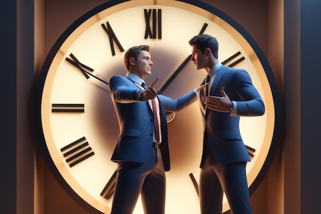 3D иллюстрация позы мужского персонажа, указывающей на часы, характер делового человека