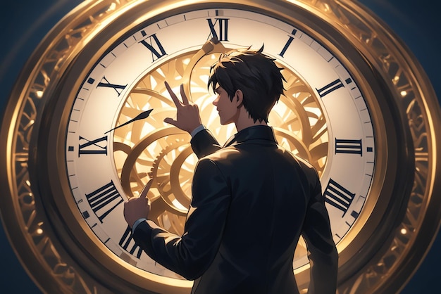 Foto illustrazione 3d della posa del personaggio maschile che punta al personaggio dell'uomo d'affari dell'orologio