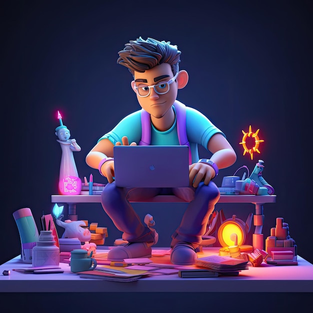3d illustration of male character working on the desk with laptop AI Generated