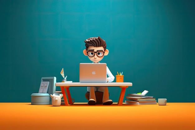 3d иллюстрация мужского персонажа, работающего за столом с ноутбуком AI Generated