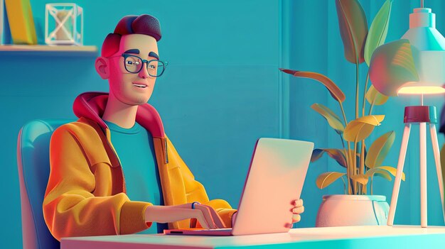 3d illustration of a male freelancer working remotely on his laptop remote working concept