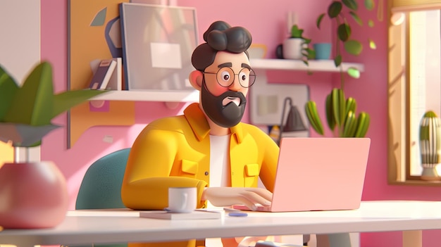 3D-иллюстрация мужчины-фрилансера, работающего удаленно на своем ноутбуке.