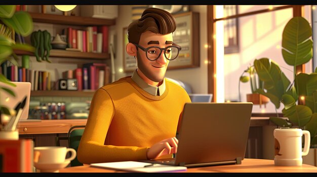 3d illustration of a male freelancer working remotely on his laptop remote working concept