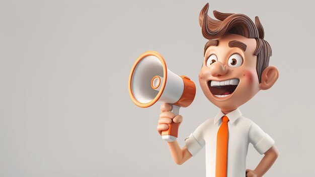 3D illustration of male guy Qadir talking into megaphone 3D rendering on white background