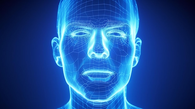 3D illustration of a male head made of wireframe mesh blue background