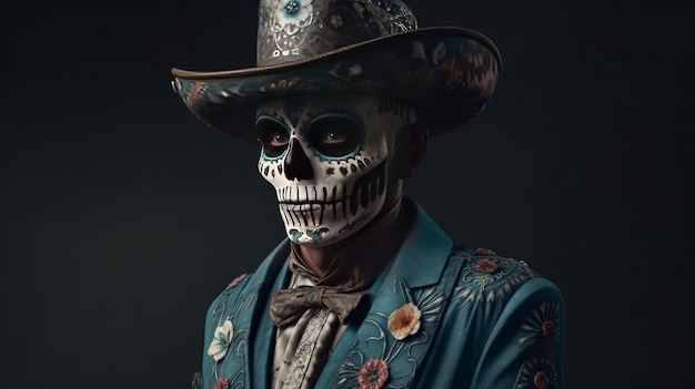 멕시코 죽은 자의 날을 위해 옷을 입은 남자의 3D 일러스트 Generative ai