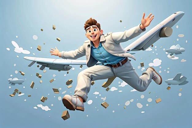 3d illustration man flying in air like a plane cartoon falling happy