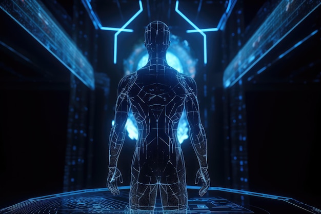 3D иллюстрация человека в футуристическом синем свете.