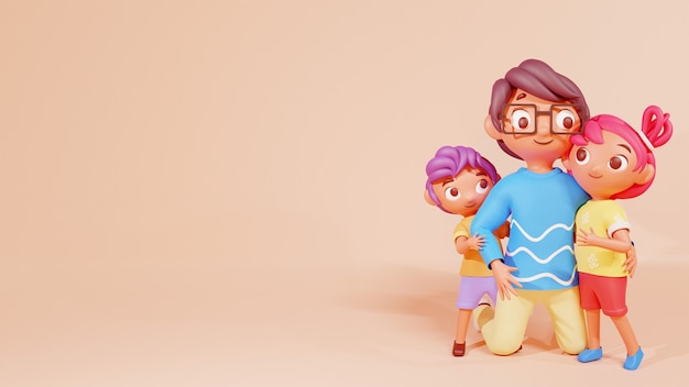 3D Illustration Of Man Holding His Daughter With Son On Peach Background And Copy Space.