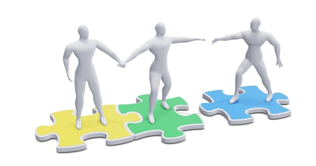 Photo 3d illustration of man on puzzle piece joining group of people