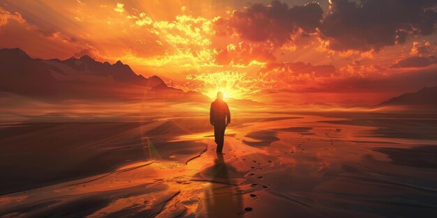 3D illustration of a man walking towards the sun at sunset