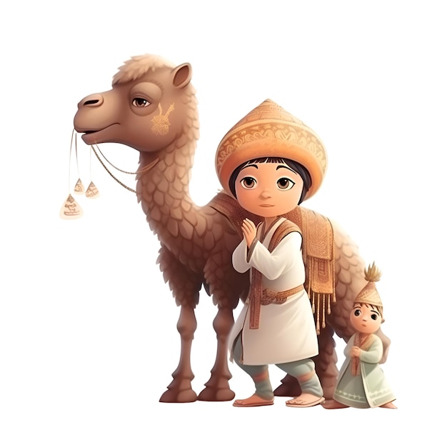 3d illustration of a man with a child and a camel on a white background