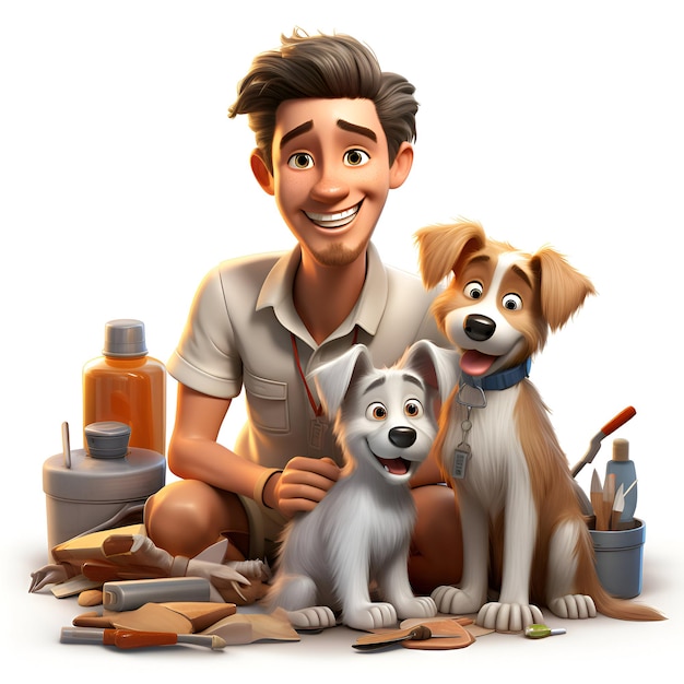 Photo 3d illustration of a man with a dog and a set of tools