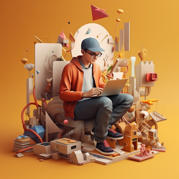 3d illustration of man working with tech modern concept character isolated on tech background