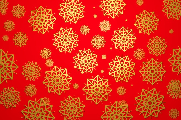 3d illustration of many gold  snowflakes of different sizes and shapes on a red background. Winter snowflake pattern