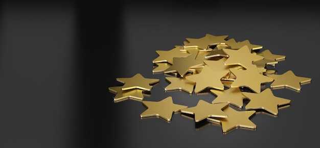 Photo 3d illustration of many golden stars over black background, horizontal image suitable for header