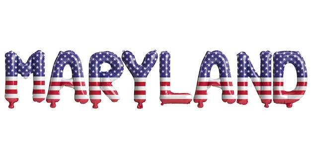흰색 배경에 고립 된 미국 국기 색상으로 메릴랜드 레터 풍선의 3d 그림