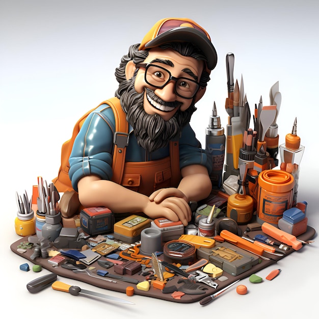 3D illustration of a mechanic with a lot of tools around him