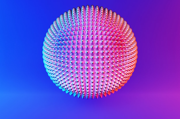 Photo 3d illustration of a metal    ball  with many faces and spikes, crystals scatter  under neon lights  on a  pink and blue  background.  cyber ball sphere