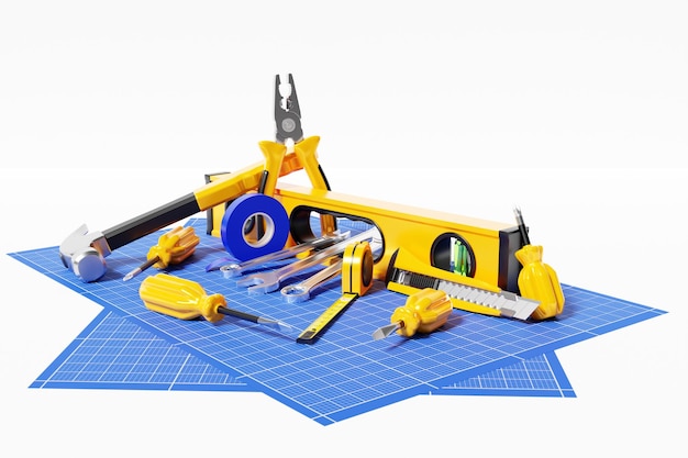 3D-иллюстрация металлического молотка, плоскогубцев, отверток, уровня, рулетки, электрорулетки с желтой ручкой на миллиметровой бумаге 3D-рендеринг ручного инструмента для ремонта и установки