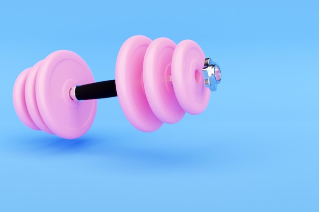 Photo 3d illustration metal pink dumbbell with disks on blue background fitness and sports equipment