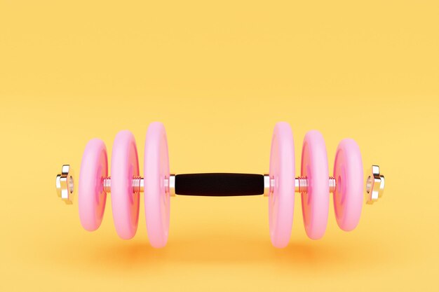 黄色の背景にディスクと3Dイラスト金属ピンクのダンベルフィットネスとスポーツ用品