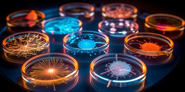 Photo 3d illustration of microorganisms in a petri dish microscopic view generative ai