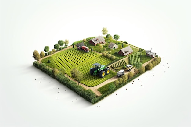 3d illustration mini landscape of agriculture field isolated with house and tractors