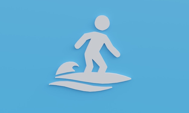 3d illustration minimal surfing white symbol on blue background Summer surfing enjoy summer holidays beach concept background