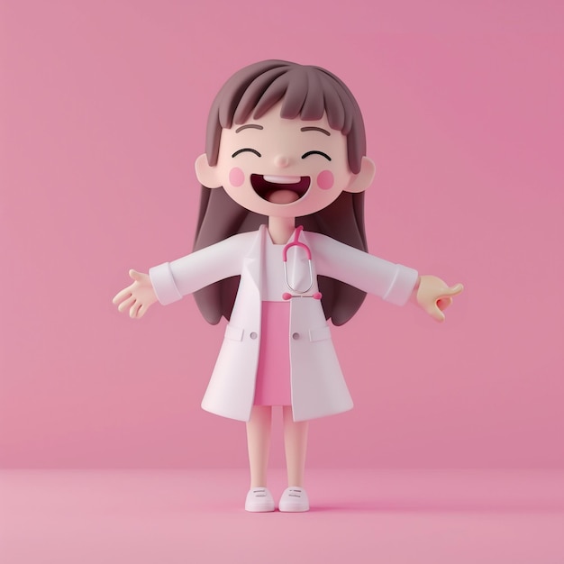 3D-иллюстрация в минималистском стиле кавайи симпатичной и счастливой женщины-доктора с передним полным телом