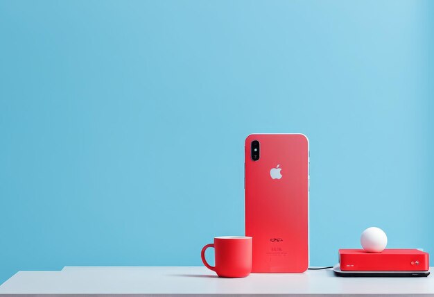 3d illustration of mobile phone with red cup on table and blue color background 3d illustration of m