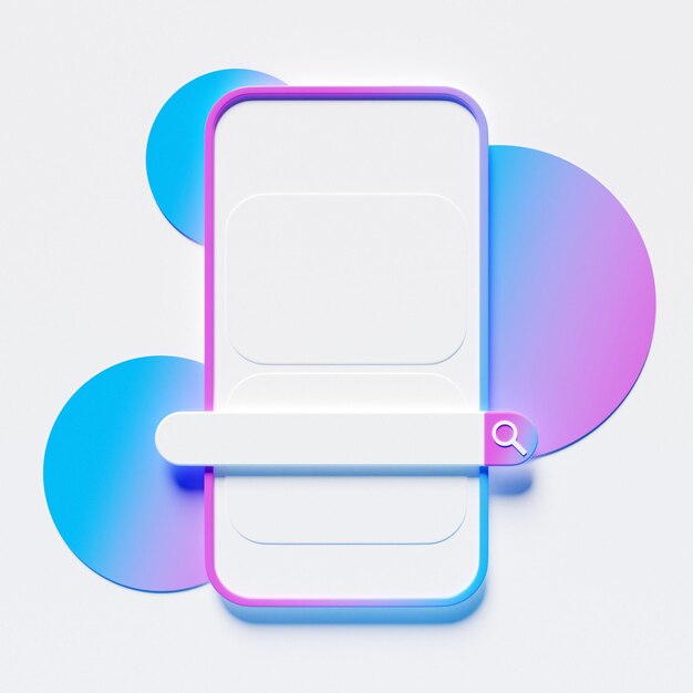 3D иллюстрация мобильного телефона с панелью поиска на белом фоне с геометрическими фигурами Интернет-поиск с помощью смартфона