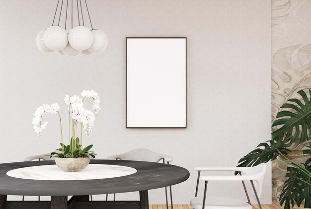 Photo 3d illustration mockup blank photo frame in living room rendering