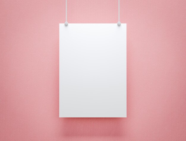 Foto illustrazione 3d mockup di un poster bianco vuoto appeso su rosa