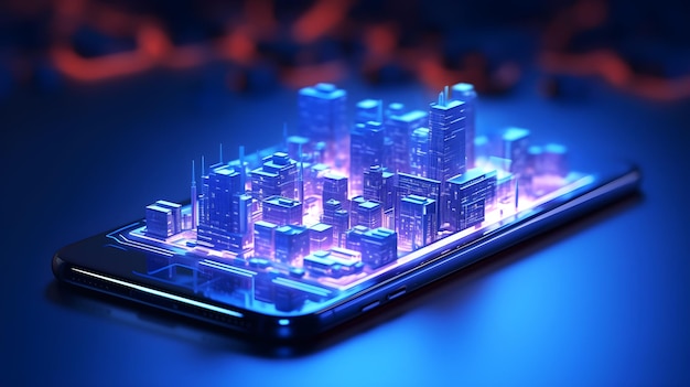 3d illustration of modern city skyline on smartphone